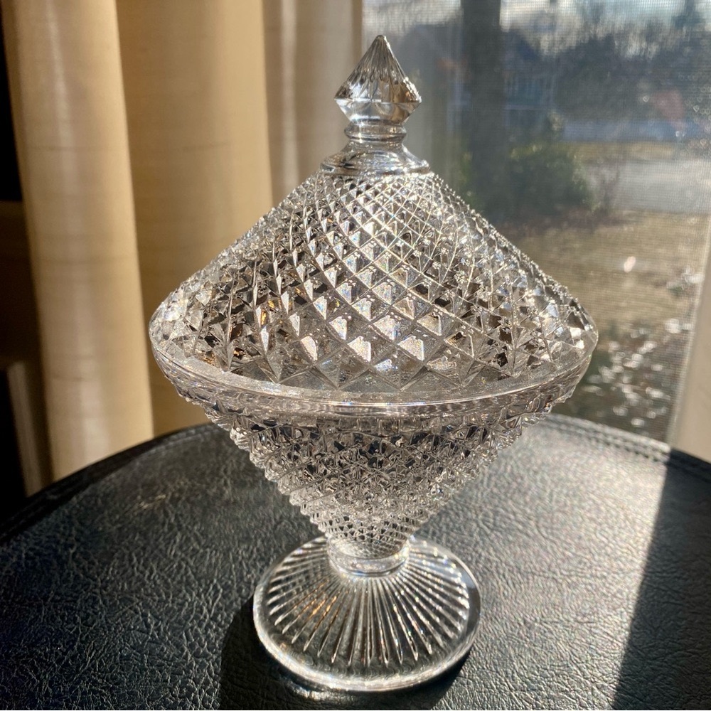 Vintage Covered English Hobnail Crystal Candy Dish Footed Compote